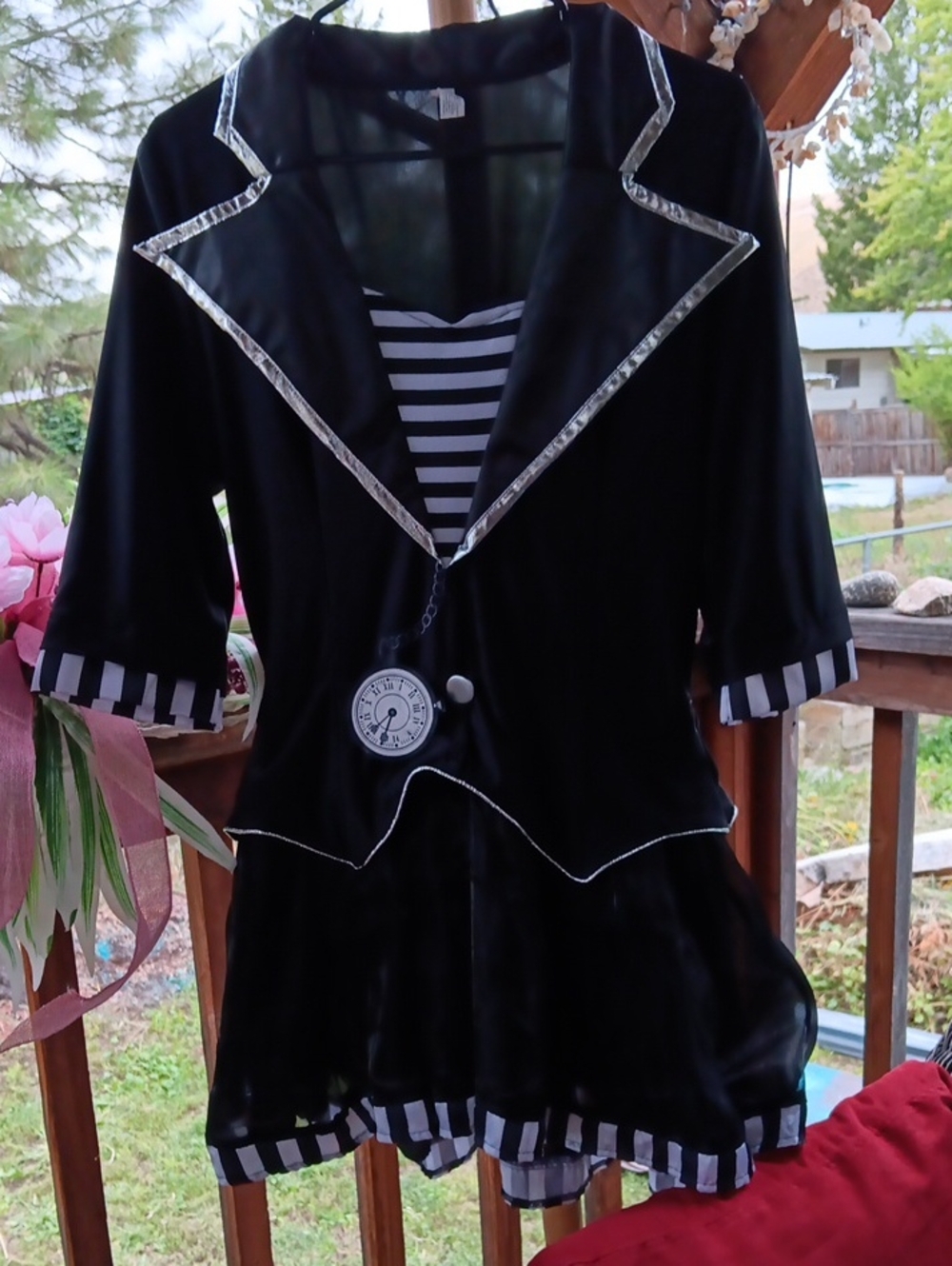 Black Women's Blazer with Silver Trim and Striped Accents